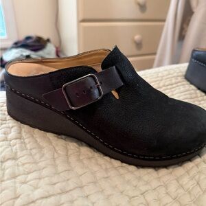 Dansko Black Mules with Buckle, CAIA BLACK MILLED NUBUCK